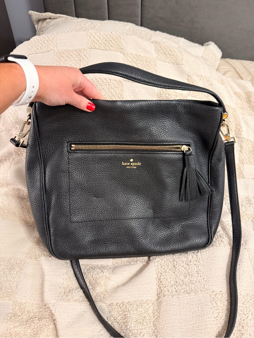 kate spade Black Pebbled Leather Shoulder Bag with Tassel Zip